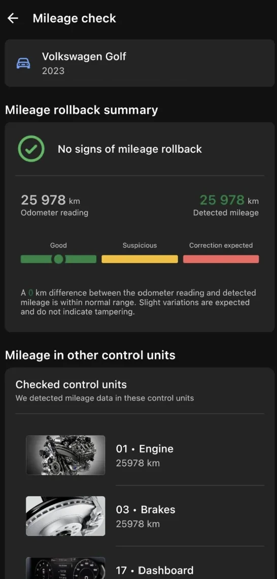 Mileage correction report showing modules and stored values