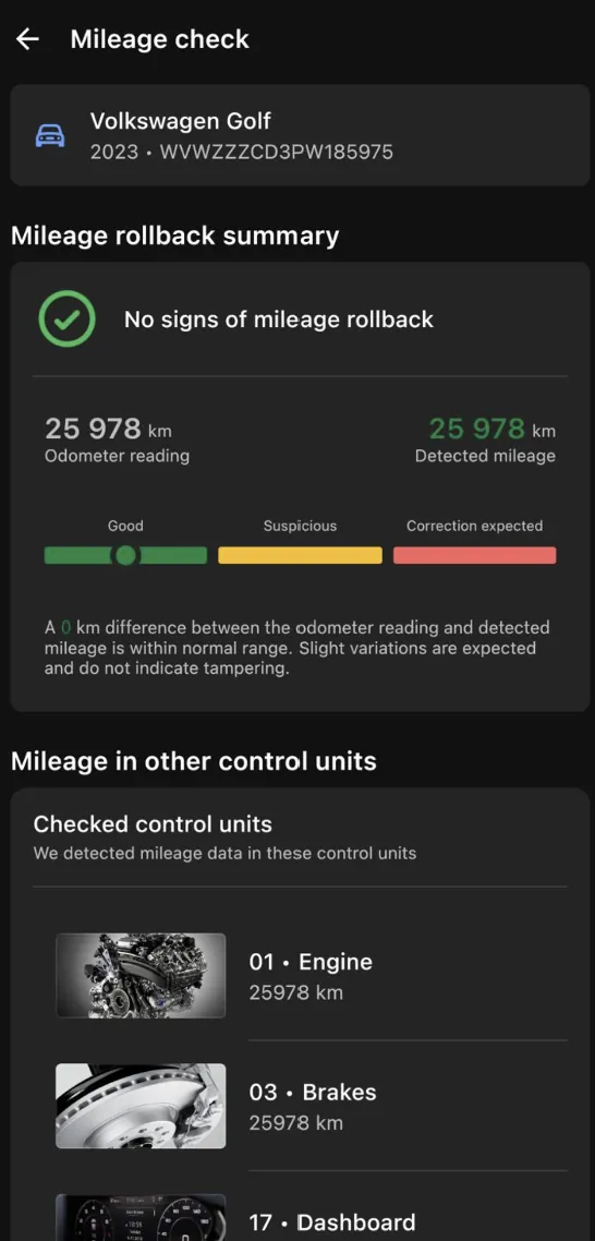 Mileage correction report showing modules and stored values